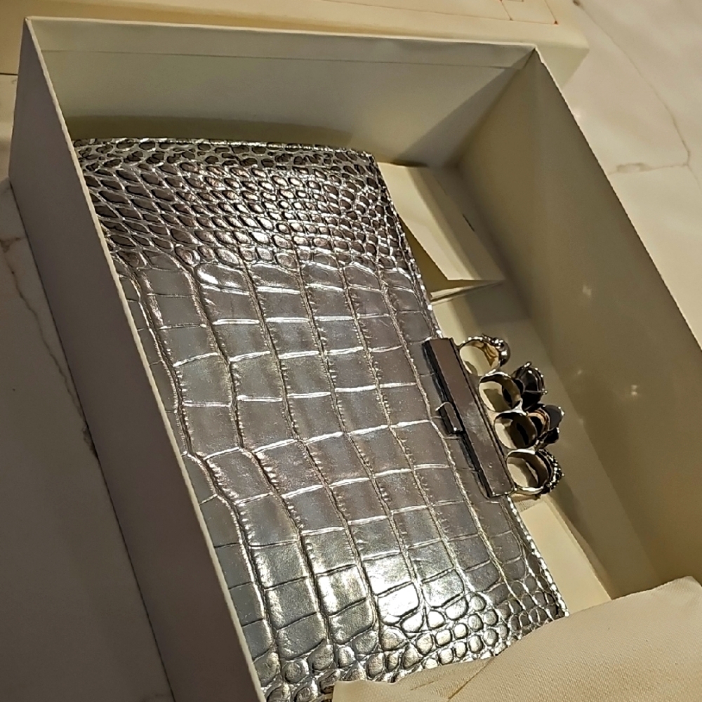 Alexander McQueen Silver Croc-Embossed Clutch